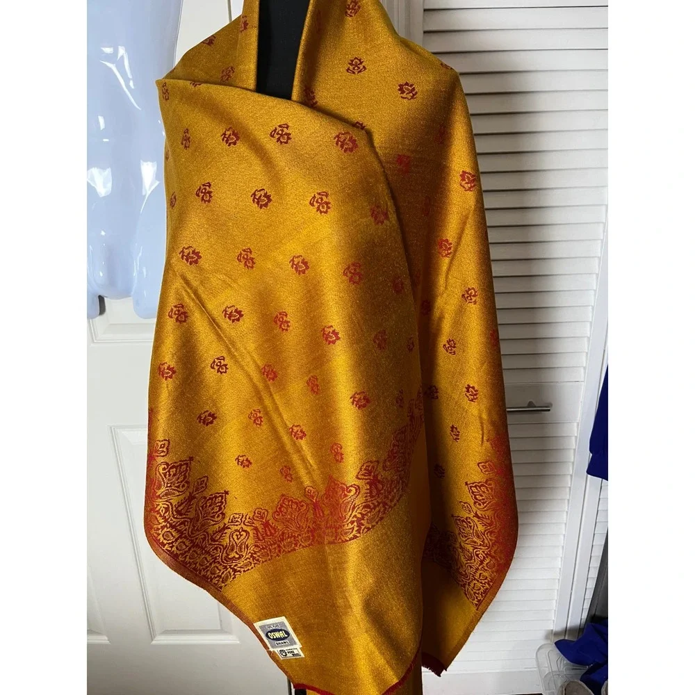 100% Wool Shawl Oswal Paisley Mustard Yellow Maroon Red Wrap Floral Paisley Vtg